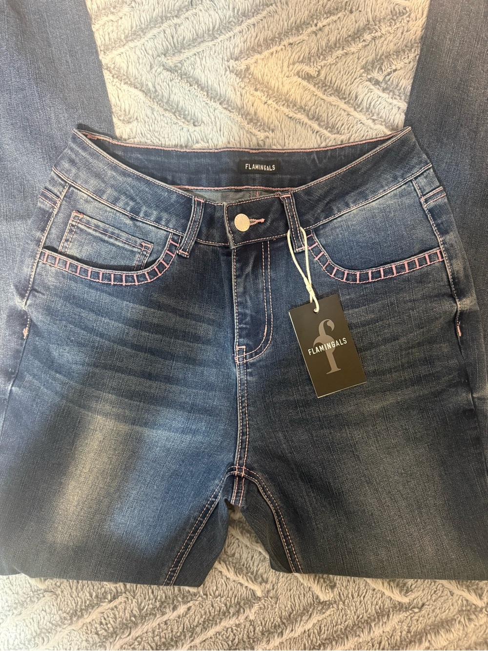 Flamingals Women's Dark Blue Boot Cut Jeans with Pink Contrast Stitching